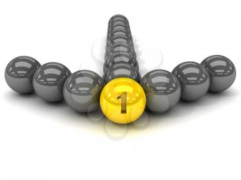 Grey arrow of the balls with the gold leader in front. 3D illustration