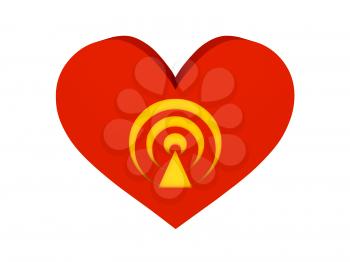 Big red heart with broadcast symbol. Concept 3D illustration.