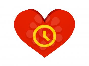 Big red heart with clock symbol. Concept 3D illustration.