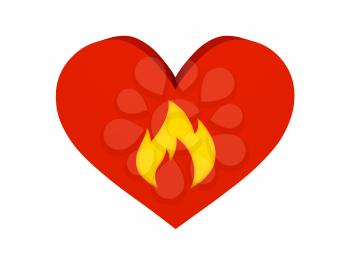 Big red heart with fire symbol. Concept 3D illustration.