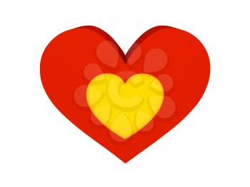 Big red heart with golden heart symbol. Concept 3D illustration.