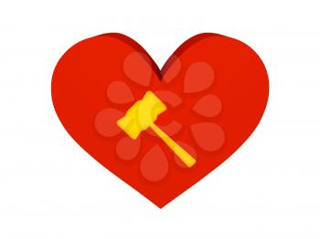 Big red heart with gavel symbol. Concept 3D illustration.