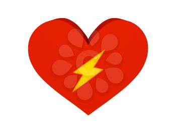 Big red heart with lightning symbol. Concept 3D illustration.