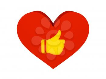 Big red heart with like symbol. Concept 3D illustration.