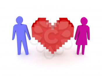 Heart with male and female figures on both sides. Concept 3D illustration.