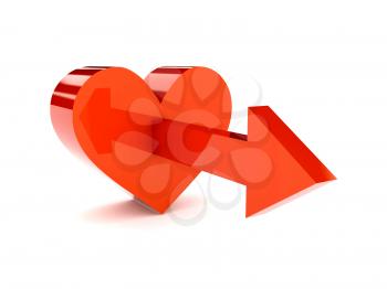 Big red heart with arrow pointing forward. Concept 3D illustration.