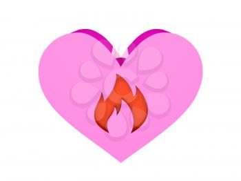 Big pink heart. Fire symbol cutout inside. Concept 3D illustration.