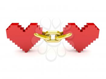 Two hearts linked by golden chain. Concept 3D illustration.