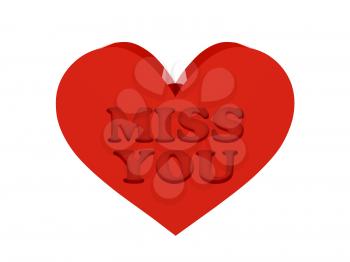 Big red heart. Phrase MISS YOU cutout inside. Concept 3D illustration.