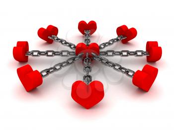 Eight hearts linked by black chain to one heart in center. Concept 3D illustration.