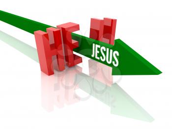 Arrow with word Jesus breaks word Hell. Concept 3D illustration.