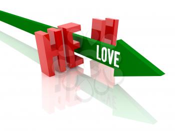 Arrow with word  Love breaks word Hell. Concept 3D illustration.