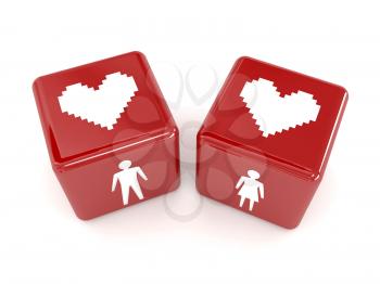 Two hearts, male and female figures on dices. Concept 3D illustration.