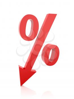 Red percentage symbol with an arrow down. Concept 3D illustration.