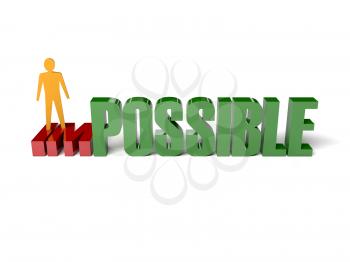 3D man turning the word impossible into possible. Concept illustration.