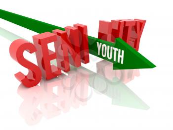 Arrow with word Youth breaks word Senility. Concept 3D illustration.
