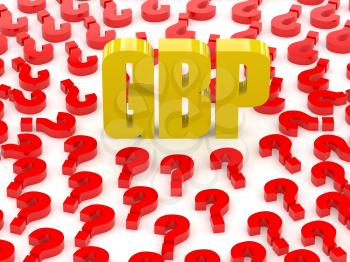 GBP sign surrounded by question marks. Concept 3D illustration.