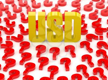 USD sign surrounded by question marks. Concept 3D illustration.