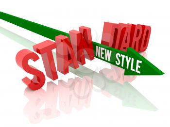 Arrow with phrase New Style breaks word Standard. Concept 3D illustration.