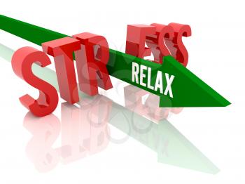 Arrow with word Relax breaks word Stress. Concept 3D illustration.