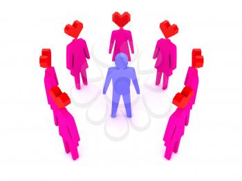 A man surrounded by women in love. Concept 3D illustration