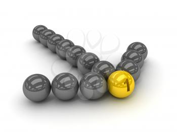 Grey arrow of the balls with the gold leader in front. Concept 3D illustration