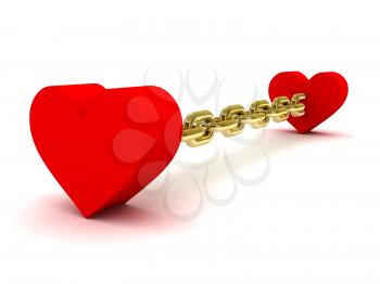 Two hearts linked by long golden chain. Concept 3D illustration.