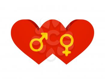 Two hearts. Symbols of male and female cutout inside. Concept 3D illustration.