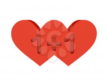 Two hearts. 1+1 cutout inside. Concept 3D illustration.