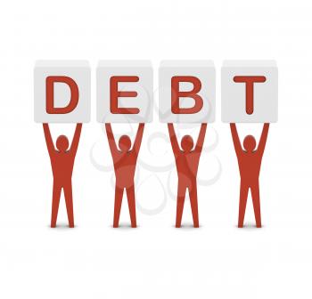 Men holding the word debt. Concept 3D illustration.