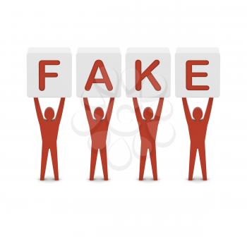 Men holding the word fake. Concept 3D illustration.