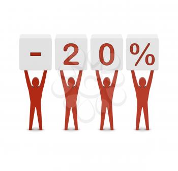 Men holding minus 20 percent. Concept 3D illustration.