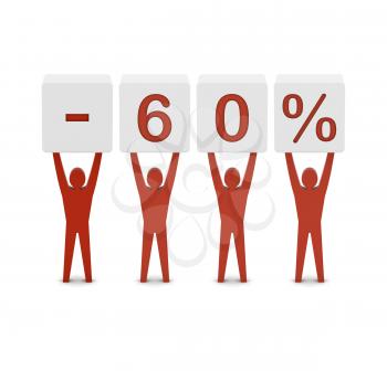 Men holding minus 60 percent. Concept 3D illustration.