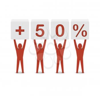 Men holding plus 50 percent. Concept 3D illustration.