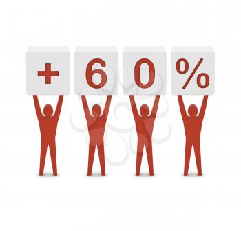 Men holding plus 60 percent. Concept 3D illustration.