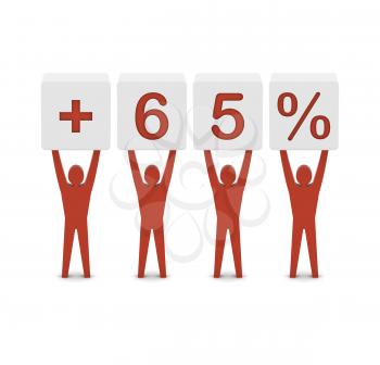 Men holding plus 65 percent. Concept 3D illustration.