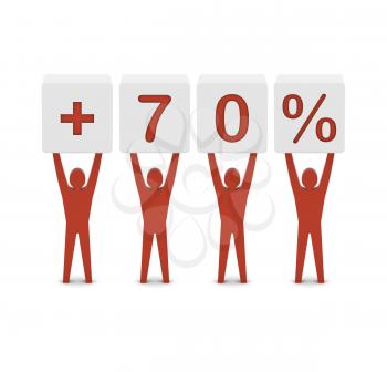 Men holding plus 70 percent. Concept 3D illustration.