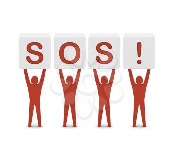 Men holding the word SOS. Concept 3D illustration.