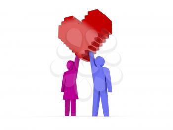 Male and female figures holding heart. Concept 3D illustration.