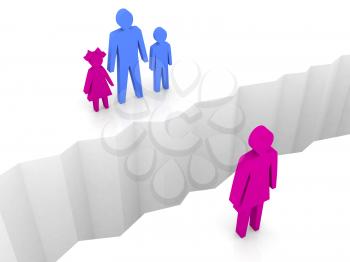 Woman and man with children split on sides, separation crack. Concept 3D illustration.