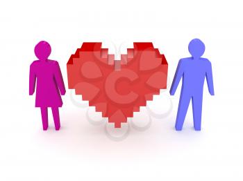 Heart with male and female figures on both sides. Concept 3D illustration.