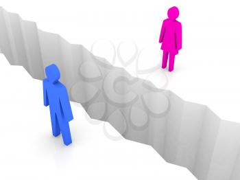 Man and woman split on sides, separation crack. Concept 3D illustration.