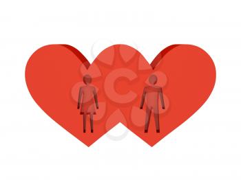 Two hearts. Figure of man and woman cutout inside. Concept 3D illustration.