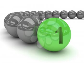 Grey balls with the green leader in front. Concept 3D illustration