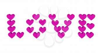 Pink hearts set in word LOVE. Concept 3D illustration.