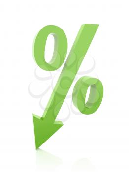 Green percentage symbol with an arrow down. Concept 3D illustration.