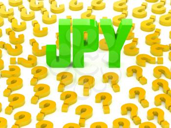 JPY sign surrounded by question marks. Concept 3D illustration.