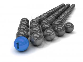Grey arrow of the balls with the blue leader in front. Concept 3D illustration