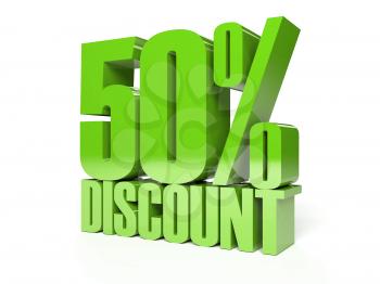 50 percent discount. Green shiny text. Concept 3D illustration.