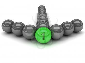 Grey arrow of the balls with the green leader in front. 3D illustration